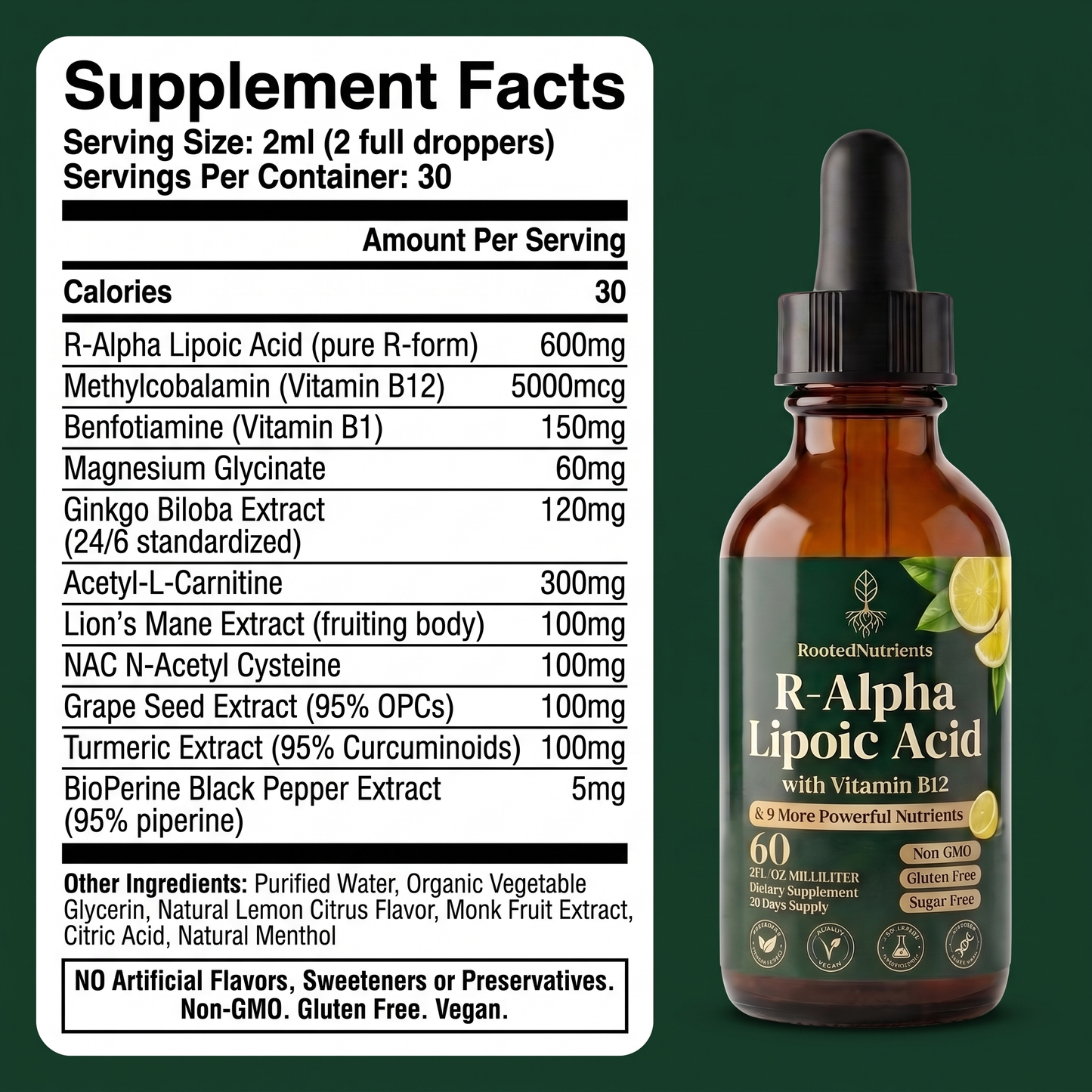 RootedNutrients R-Alpha Lipoic Acid Drops - Support Nerve Health & Regeneration