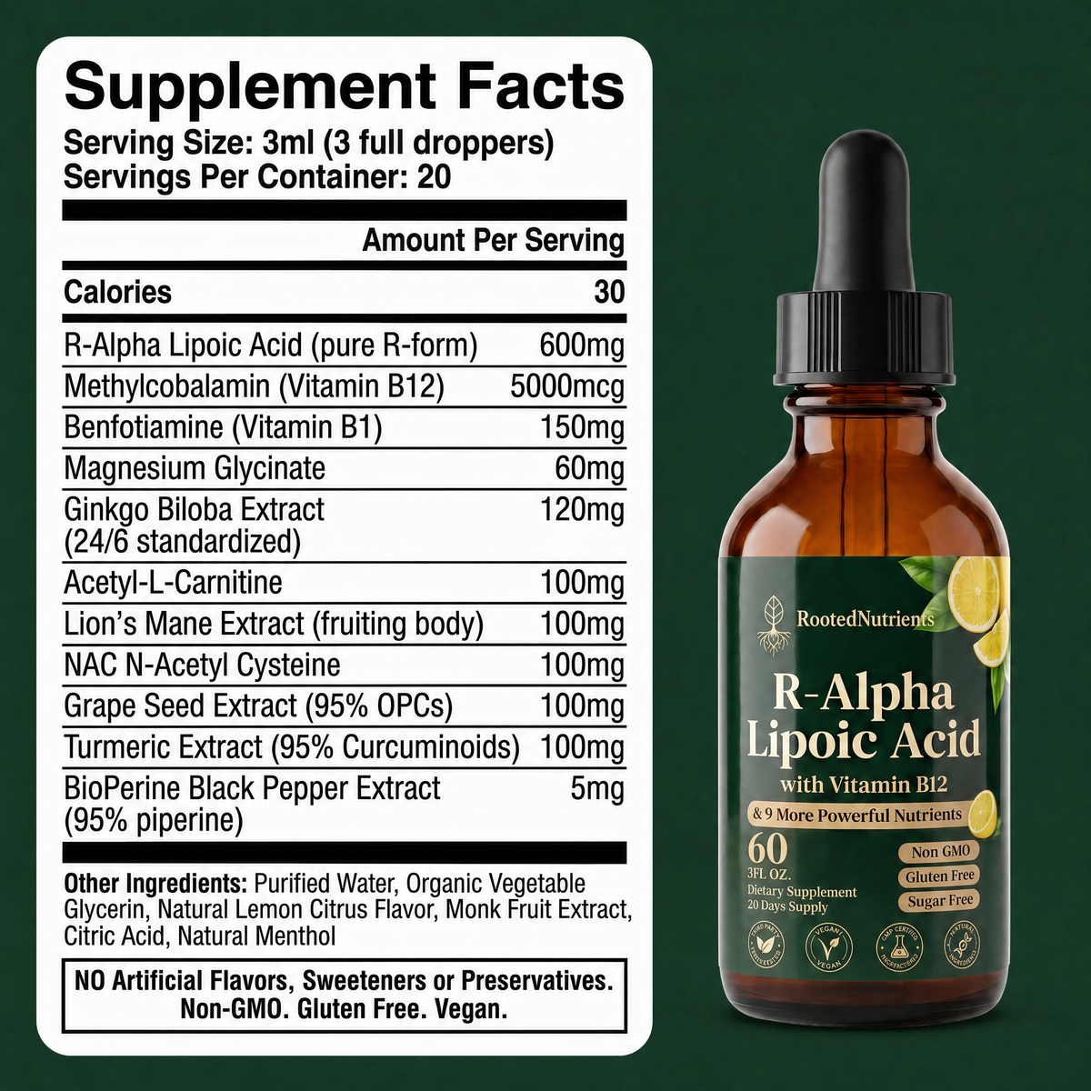 RootedNutrients 11-in-1 Nerve Support Drops — R-Alpha Lipoic Acid With Vitamin B12