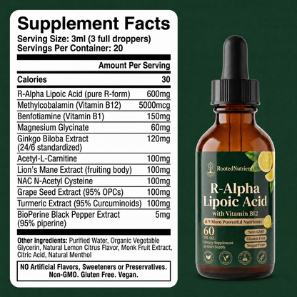 RootedNutrients 11-in-1 Nerve Support Drops — R-Alpha Lipoic Acid With Vitamin B12